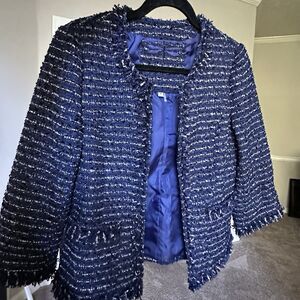 Tyler Boe Womens Tweed Fringe Jacket Blue White Size 6 Blazer Workwear